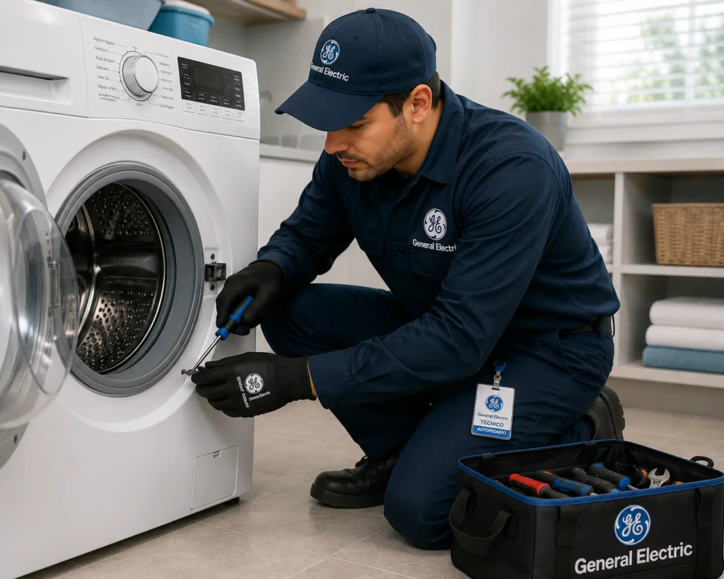 Técnico General Electric atendiendo centro de lavado GE Unitized en Ibagué