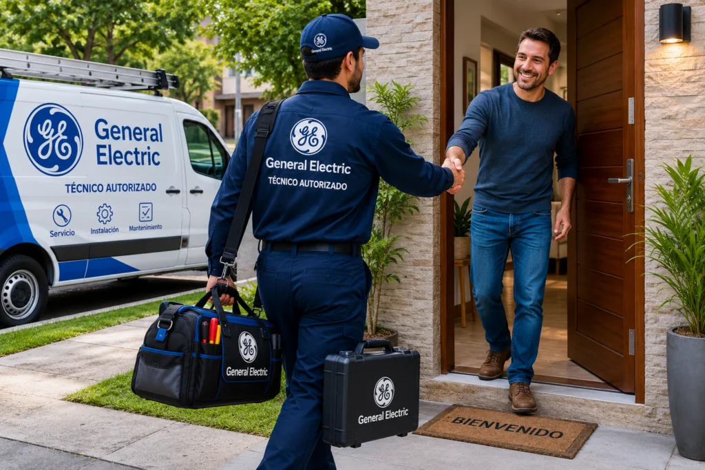 Técnico autorizado General Electric saludando a un cliente en Ibagué