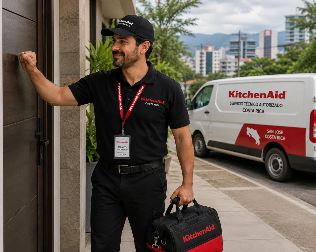 Técnico autorizado KitchenAid documentando una reparación en Ibagué