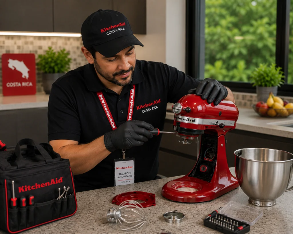 Técnico autorizado KitchenAid reparando una batidora Artisan en Ibagué