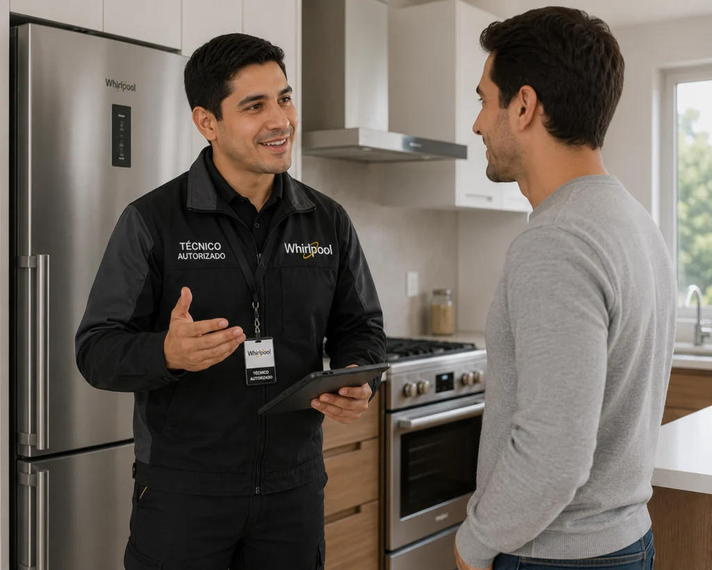 Técnico autorizado Whirlpool explicando un diagnóstico a un cliente en Ibagué