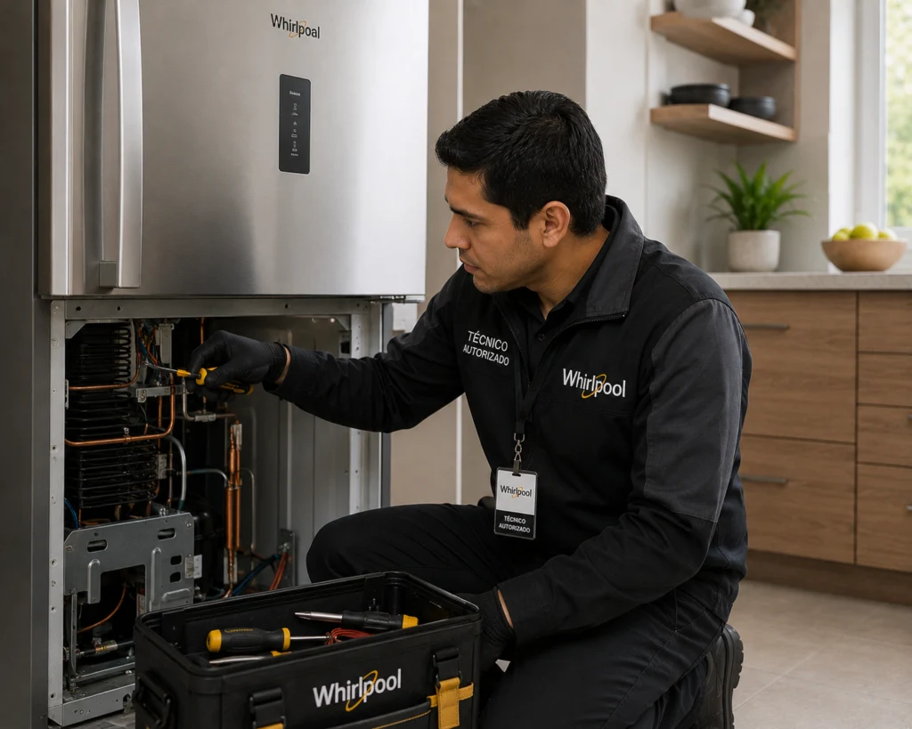 Técnico autorizado Whirlpool documentando una reparación en Ibagué